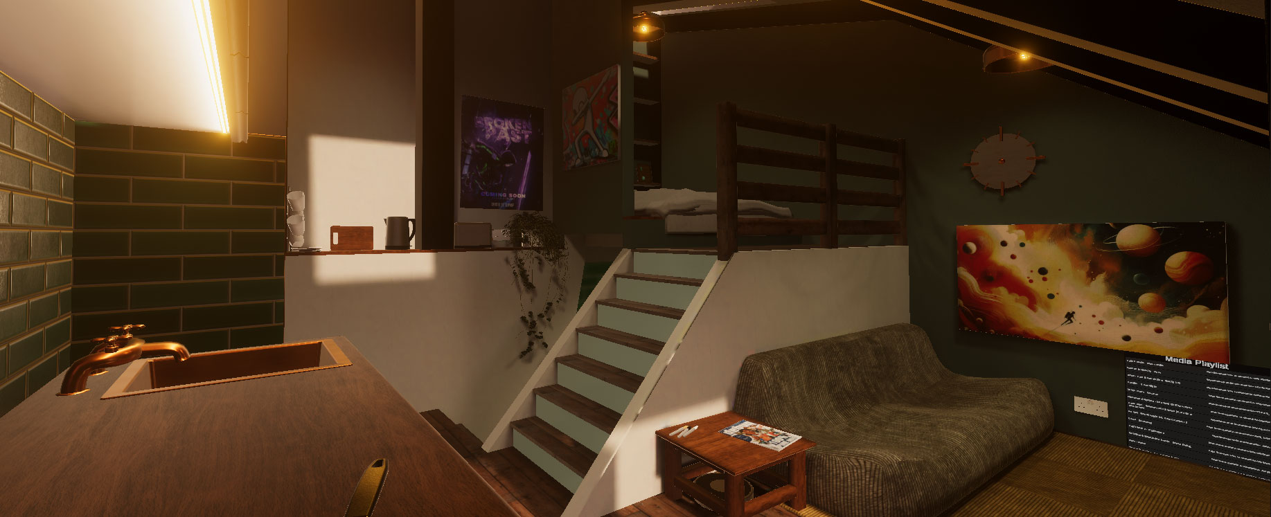 A picture of the cozy space from another angle, showing the stairs to the bathroom and sleeping areas