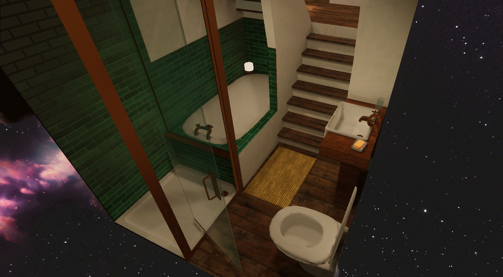 A cutaway image of the bathroom area, that has green tiled splashbacks, a shower, bathtub, sink, and toilet.