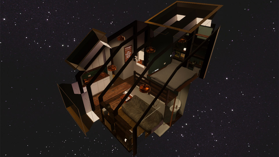 A cutaway view of the cozy apartment in space