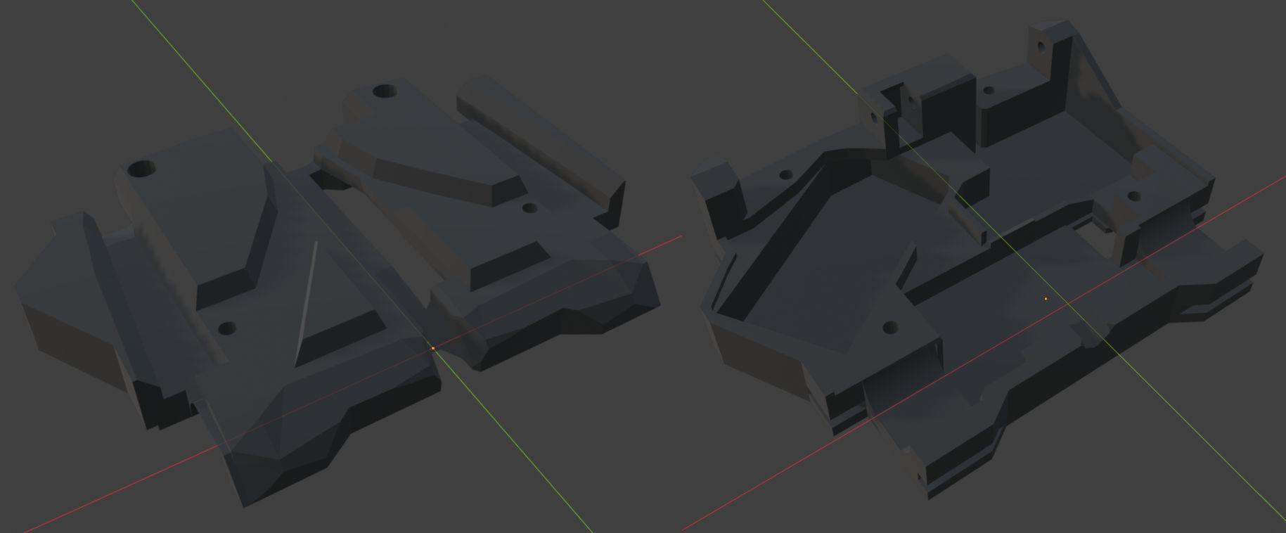 Two screenshots from blender showing the upper and lower chassis clamshell components