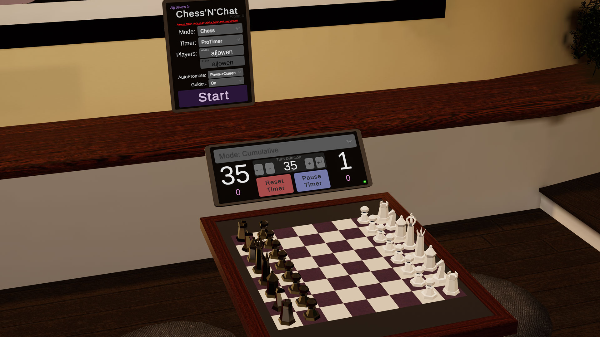 A picture of the chess table with a timer, the chess bits are all in their starting positions