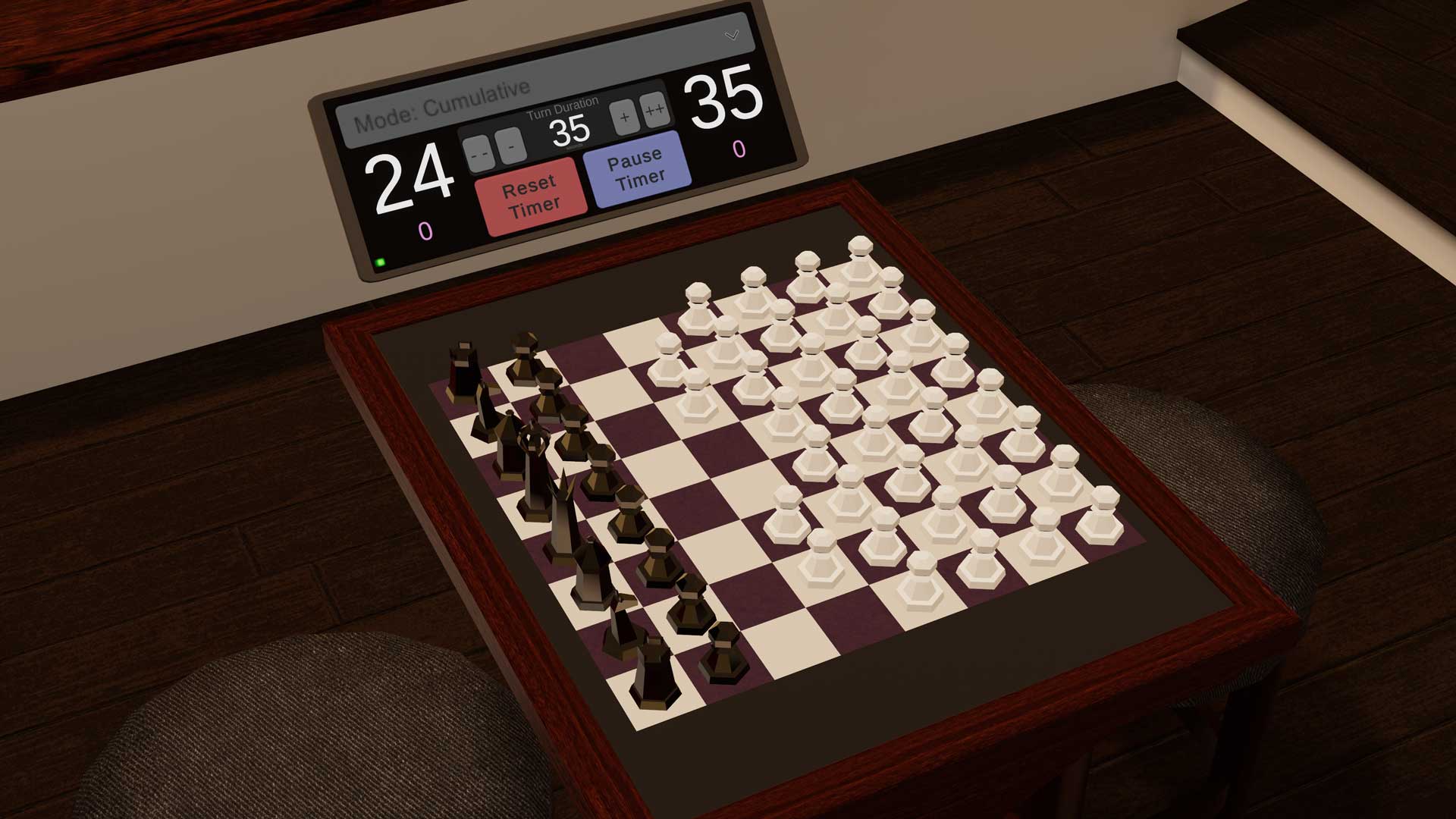 A picture of the chess table with the chess bits setup for horde mode (one player has 36 pawns up against another player with a normal chess setup)