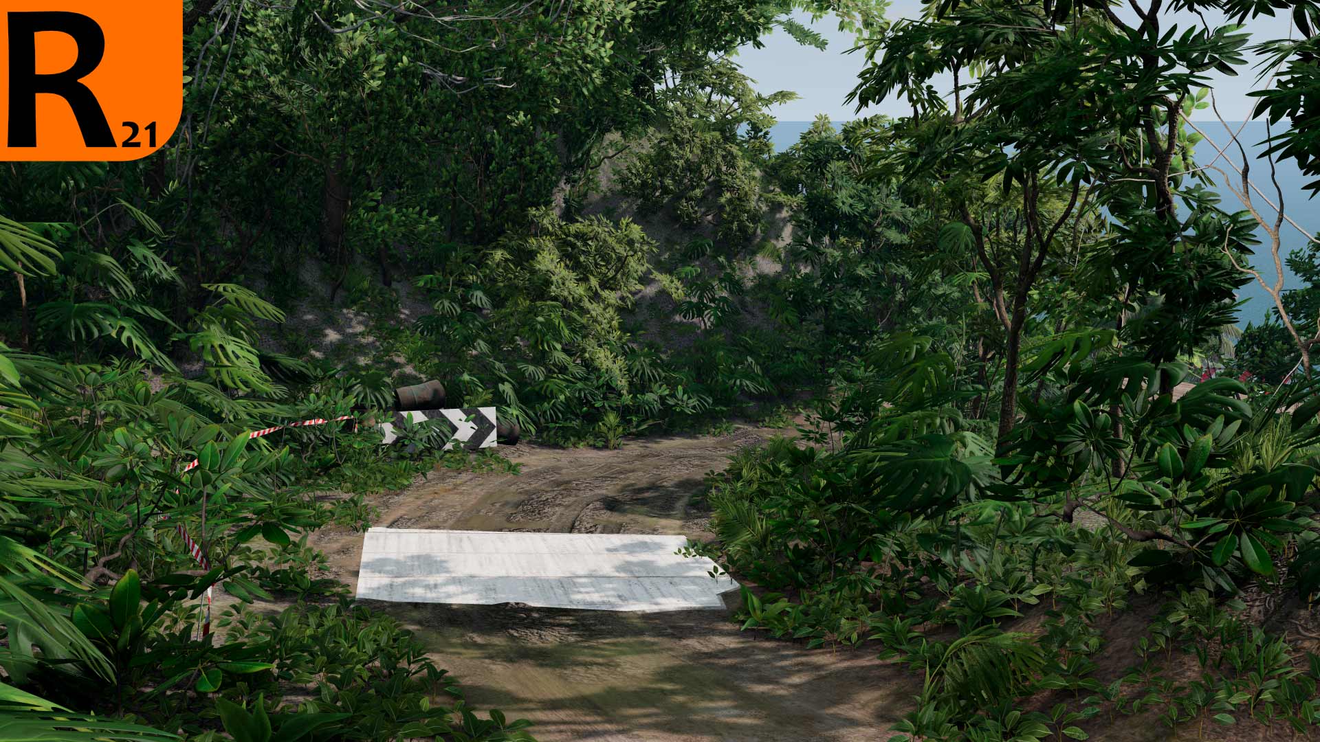 An image of a difficult rally corner set in a muddy jungle found within the Descent scenario