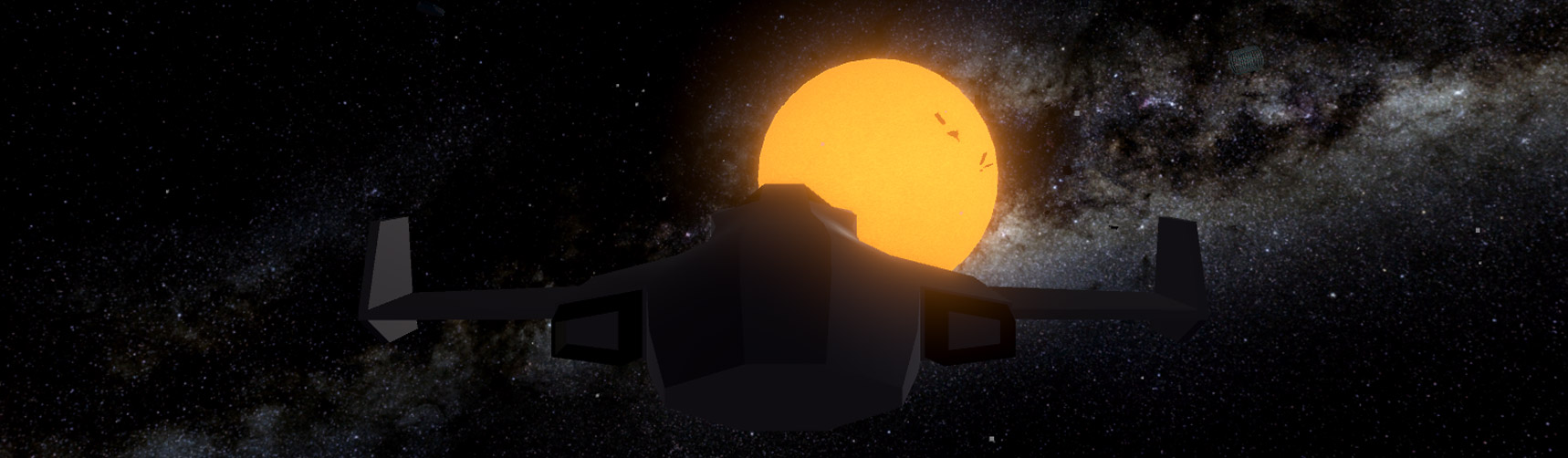 Screenshot of a spaceship facing towards a bright yellow star as a battle occours in the stars glow.